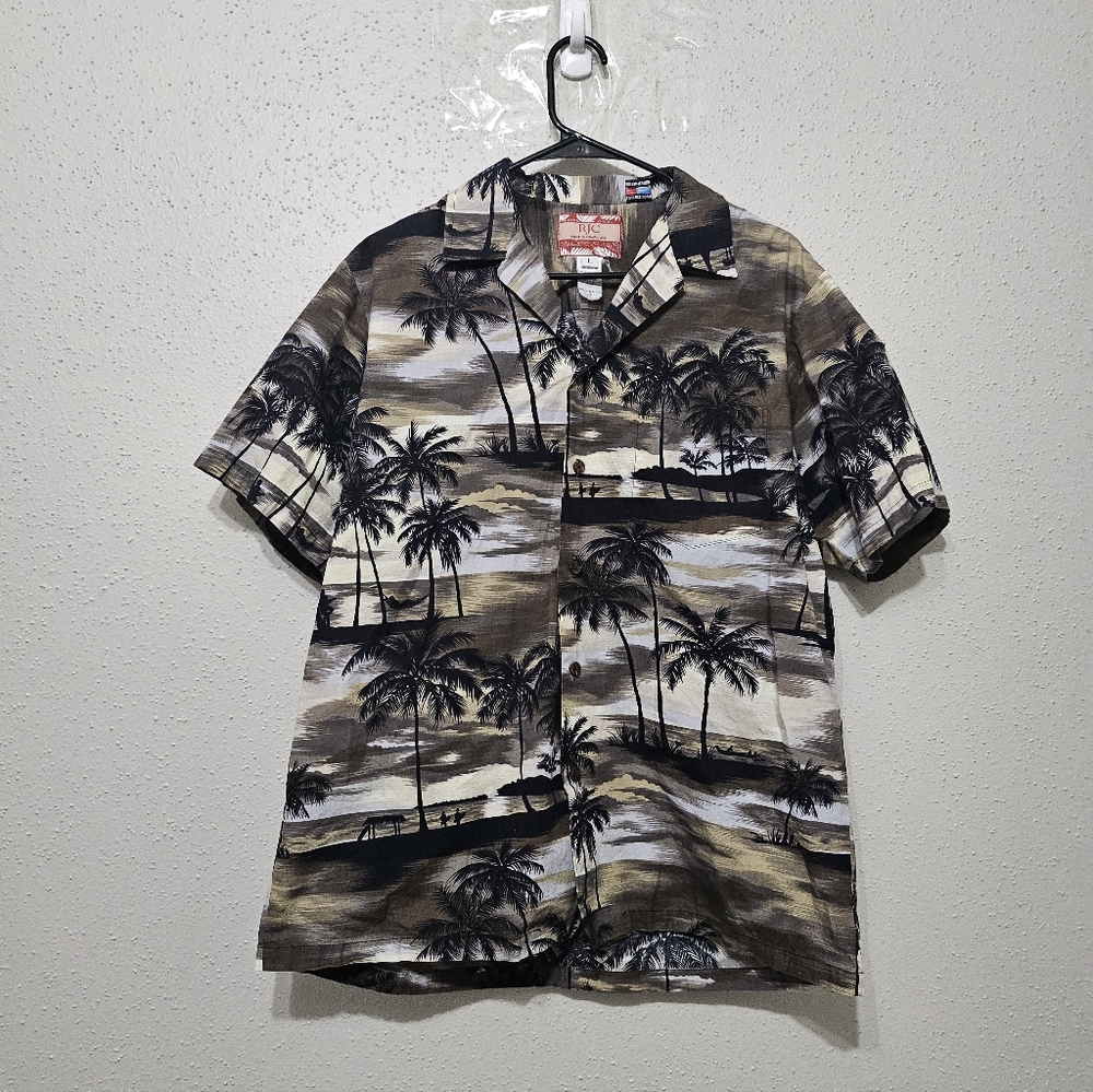 Vintage RJC Hawaiian Shirt Mens L Made In Hawaii Palm Tree Beach Aloha Button Up